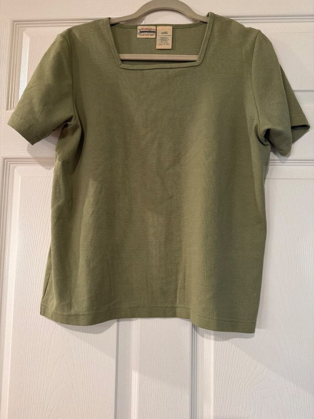 St. Johns Bay Green Cotton Womens T-Shirt Size Large Short Sleeve Square Necklin